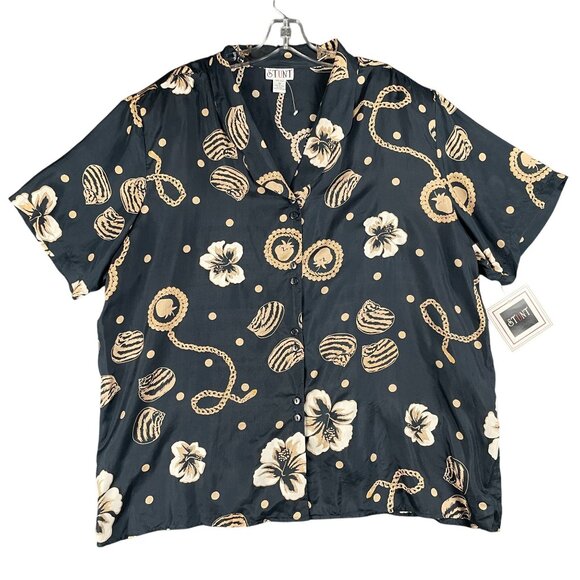 Stunt Silk Top Womens Size 3X Black Chain Print Floral Strawberry Shells Flowy - Picture 1 of 8